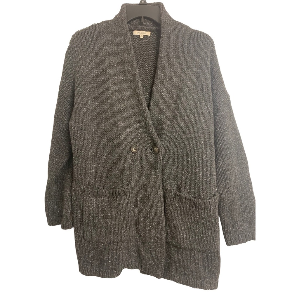 Madewell XS Glenhill Wool Silk Chunky Knit Cardigan Sweater Charcoal Grey